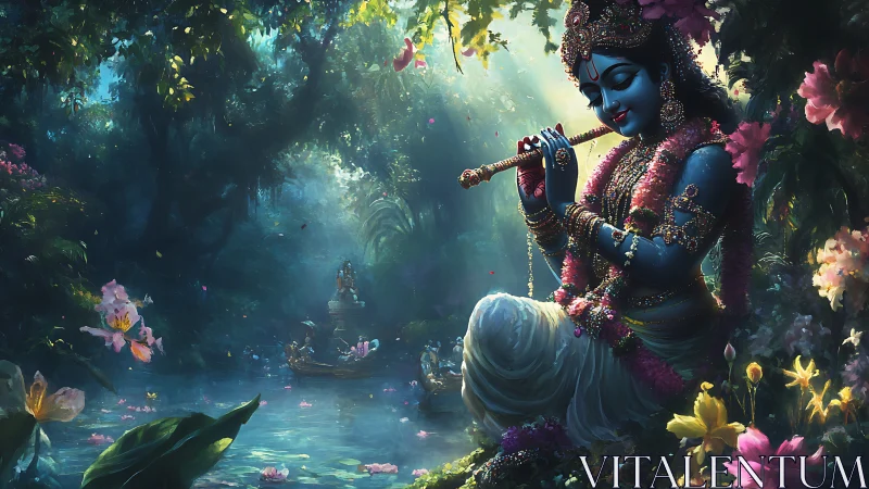 Enchanted blue musician resting by a dreamy forest river.