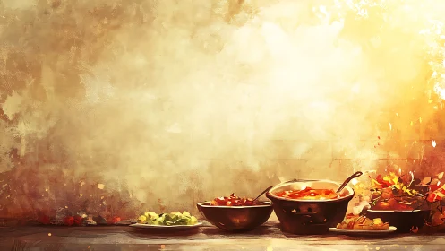 Warm-toned food still life with metal bowls on table surface.