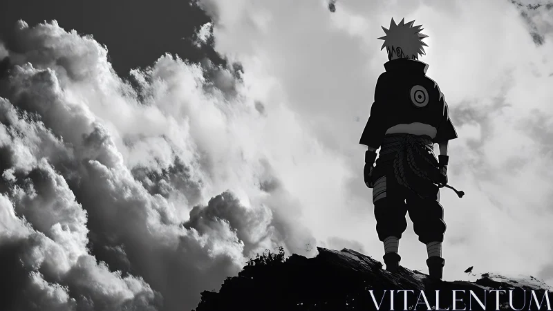 Anime silhouette hero against dramatic storm cloud backdrop.