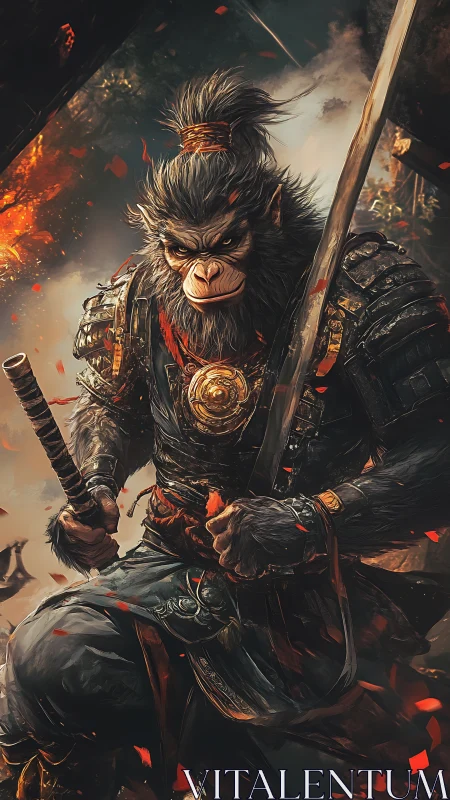 Armored simian warrior brandishes dual blades amid embers