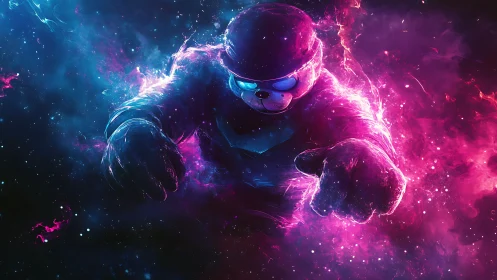 Neon cosmic mascot bear in motion with magenta plasma trails