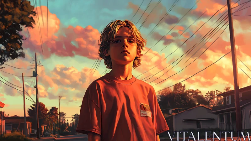 Backlit adolescent stands under saturated sunset cloud field