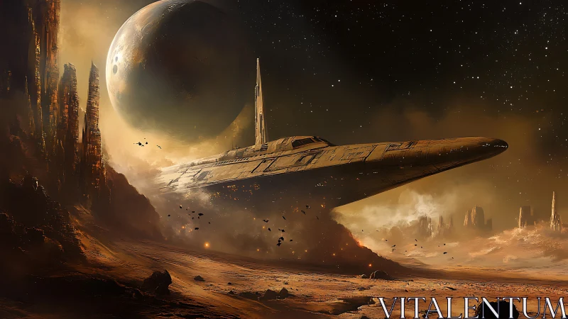 Massive starship landing on arid alien world under planet.