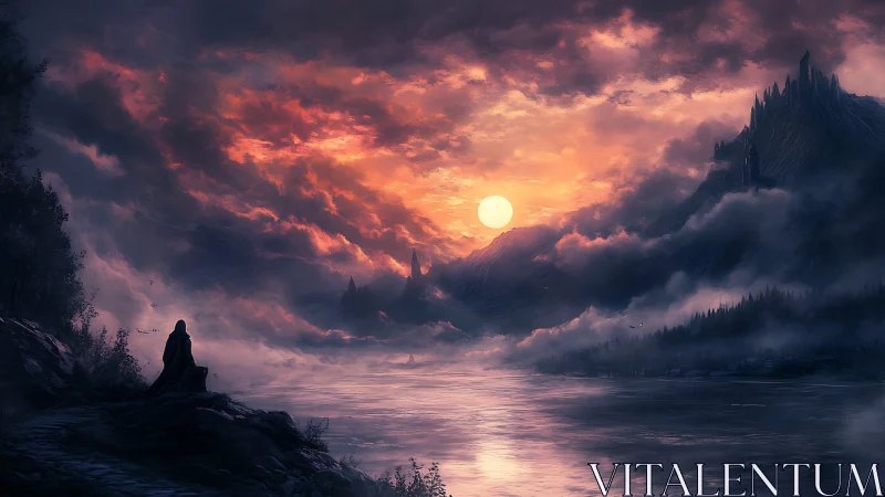 Sunset watcher beside misty river and distant spires.