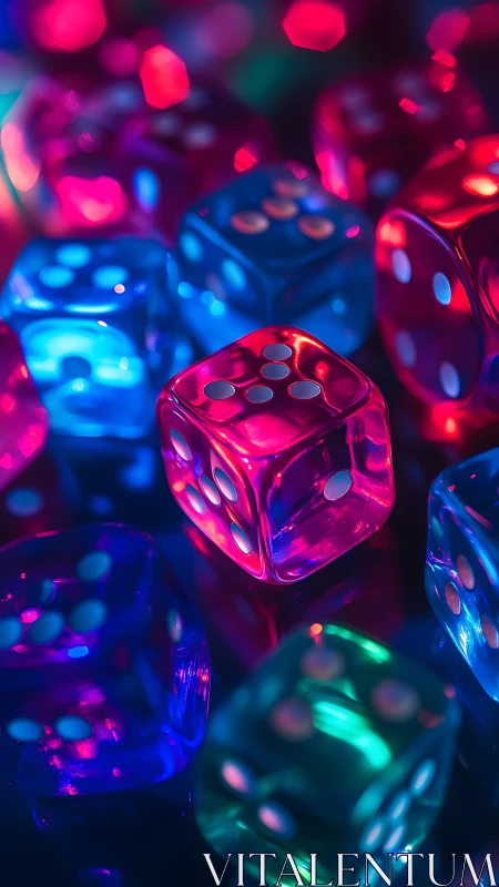 Glowing rainbow dice sparkle in a cozy neon tabletop scene.