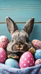 Textured close-up of rabbit amid polychrome Easter eggs.