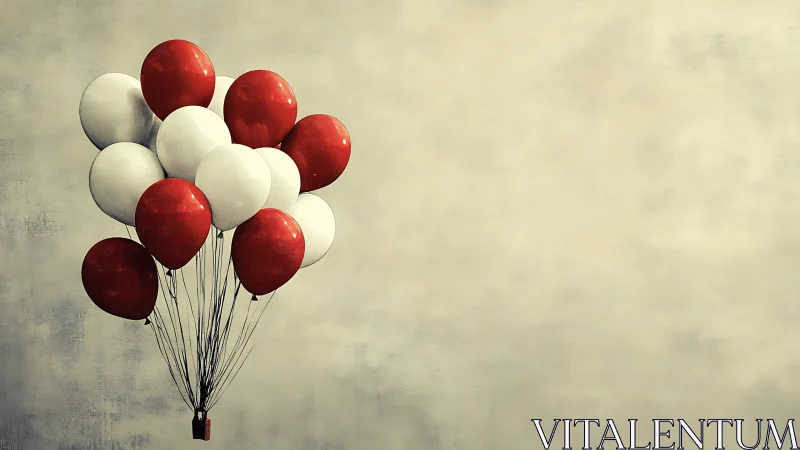 Red and white balloons suspended against textured background.