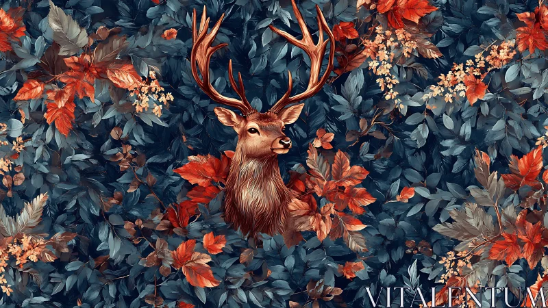 Stag in a jewel toned forest of copper leaves and quiet magic.