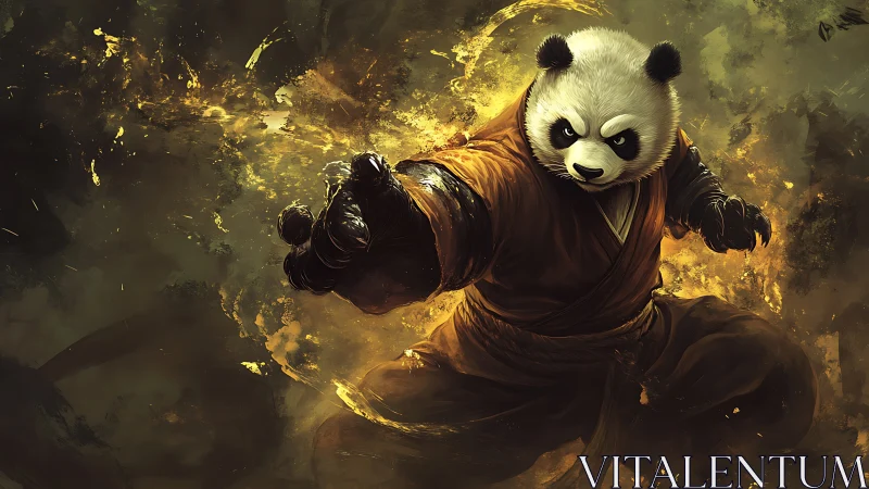 Martial arts panda amid turbulent golden energy vortex.