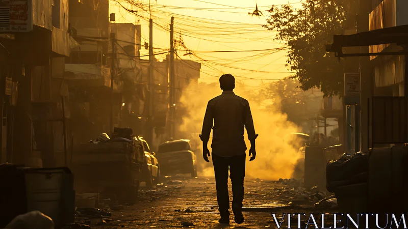 Silhouetted figure walking through hazy urban alleyway.