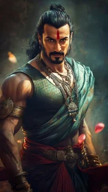 Warrior of crimson resolve in swirling sacred light.