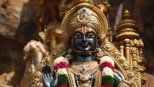 Hindu deity statue with ornate gold crown and flower garlands