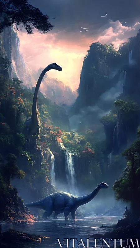 Gentle dinosaurs wandering through a glowing waterfall valley.