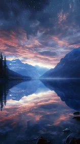 Twilight mountain lake mirrors luminous rose and indigo sky.