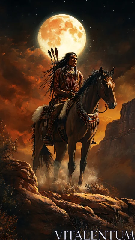 Moonlit Native rider surveys fiery canyon landscape at night.