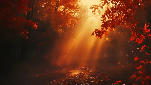 Volumetric sunlight piercing dense autumnal forest canopy.
