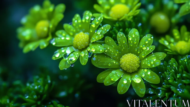 Dew-Covered Green Plant With Clustered Yellow Fruits.