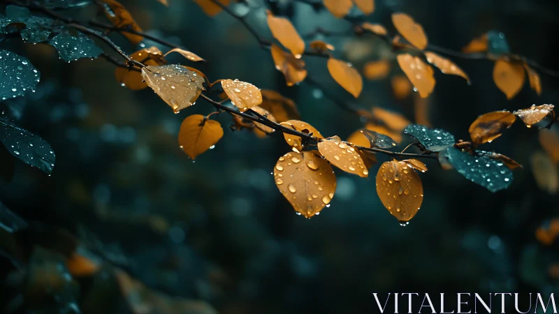 Golden autumn leaves catch cool rain in soft bokeh forest