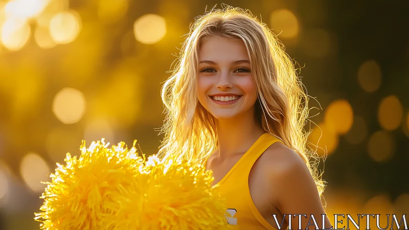 Golden hour cheerleader portrait with bright yellow pom-poms.