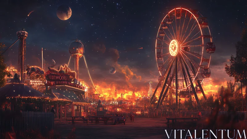 Digital painting of nocturnal cosmic carnival with ferris wheel.