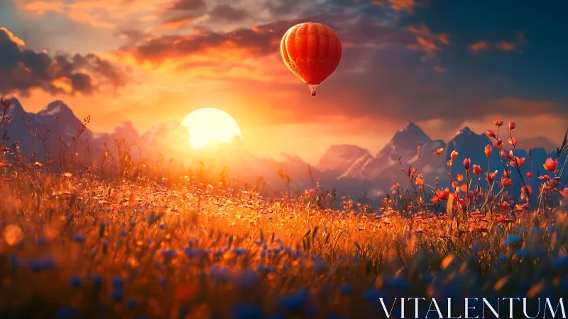 Sunset balloon over alpine wildflower meadow, spectral glow.
