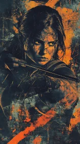 Fierce archer ignites the battlefield in molten shadowed grit.