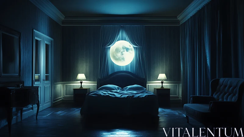 Moonlit bedchamber where midnight dreams quietly awaken.