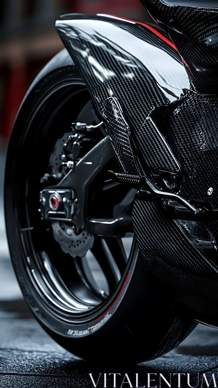 Carbon fiber supersport rear assembly with wet-surface reflections.
