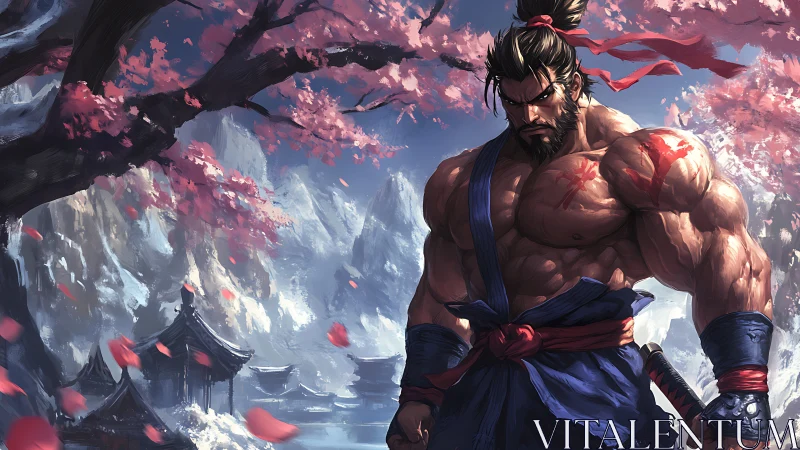 Warrior under cherry blossoms in snowy mountain temple.