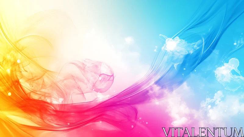 Abstract multicolored light waves over soft cloud background.