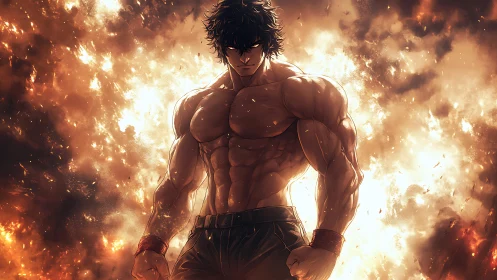 Muscular anime warrior emerges from blazing inferno backdrop.