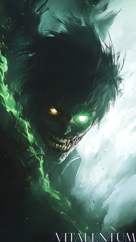 Digital painting portrait of demonic skull visage in emerald haze.