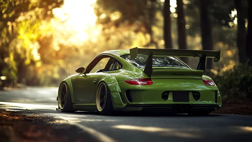 Sunlit green sports car rests quietly on a forest road