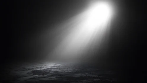 Single overhead spotlight penetrates cavernous darkness with haze