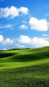 Sunlit green hills stretch under deep blue sky with clouds