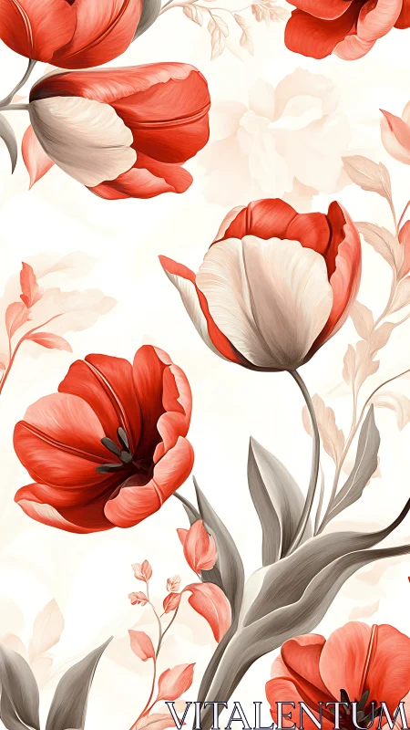 Red and White Tulips with Muted Foliage.