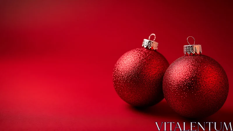 Three red glitter ornaments stand on uniform red surface