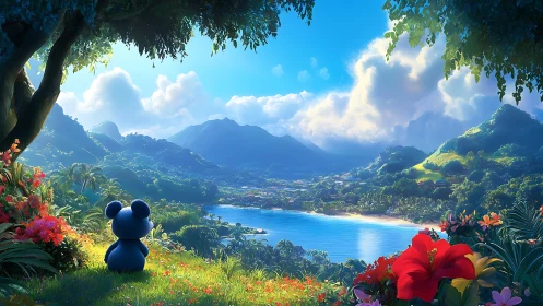 Blue bear silhouette observes sunlit tropical bay panorama