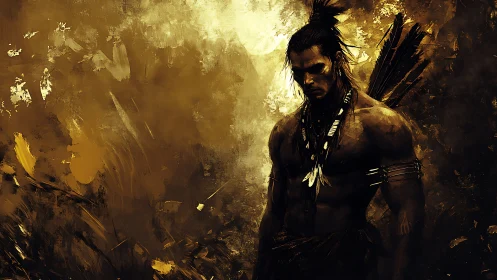 Solitary warrior in warm-toned abstract forest setting.