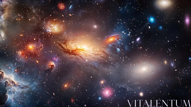 Vast cosmic nebulae and galaxies in luminous deep space.