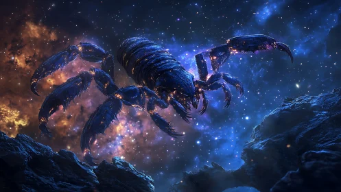 Cosmic scorpion creature crossing glowing starfield sky.