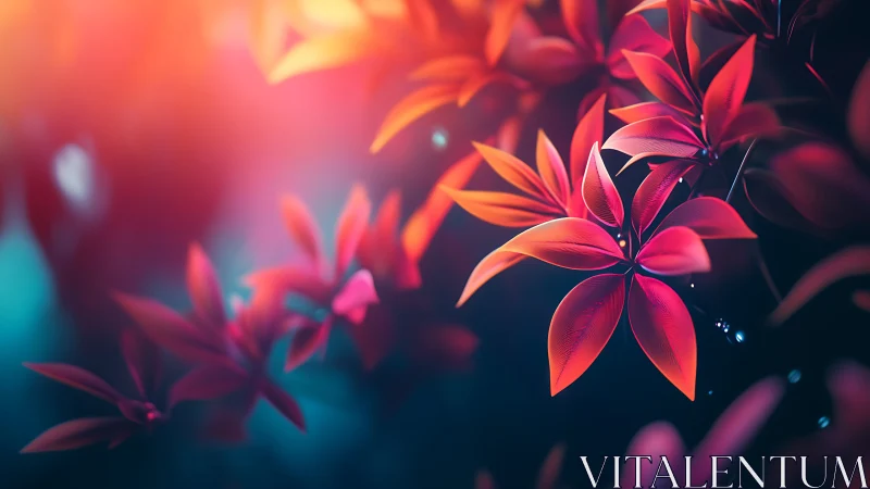 Digital painting of luminous scarlet foliage in bokeh glow.