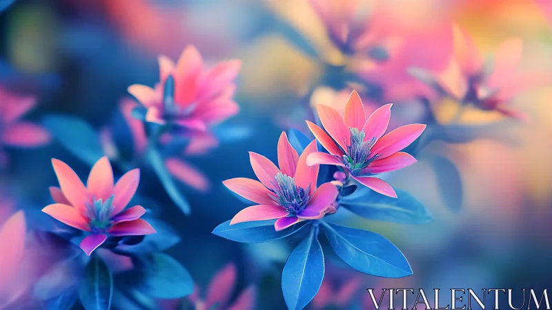 Vibrant Pink Water Lilies with Blue Foliage. Macro Photography.