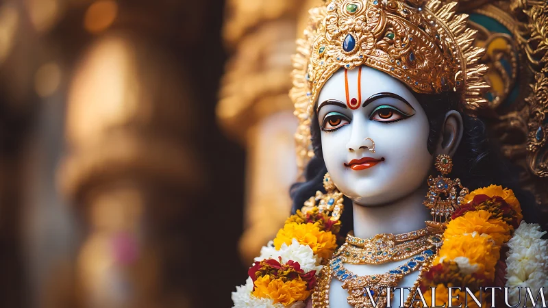 Hindu deity statue wears ornate crown and flower garlands
