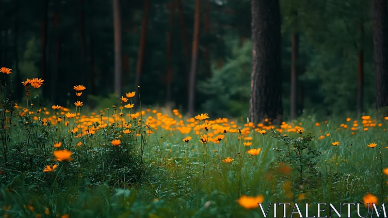 Wildflower meadow glows in cool forest light at dusk.