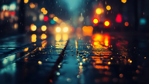 Cinematic rainy street bokeh with shallow depth of field focus.