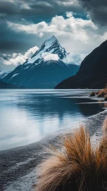 Snowy mountain reflected in calm blue lake at dusk.