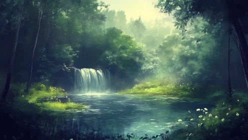 Mystical Forest Waterfall with Radiant Light.