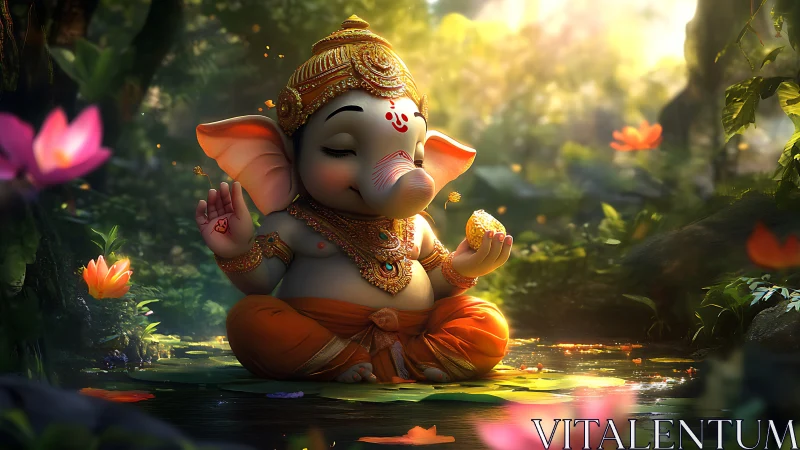 Lotus-pond baby Ganesha gleaming in emerald forest light.