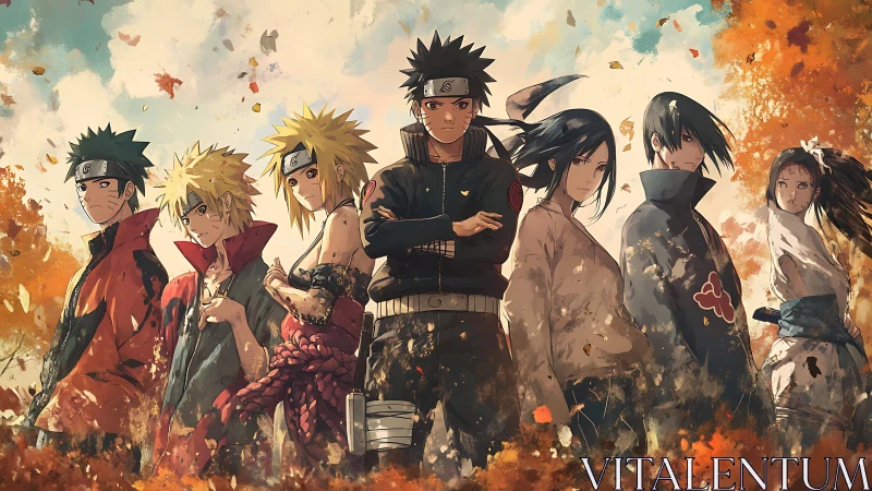 Group portrait of anime warriors in autumn foliage.